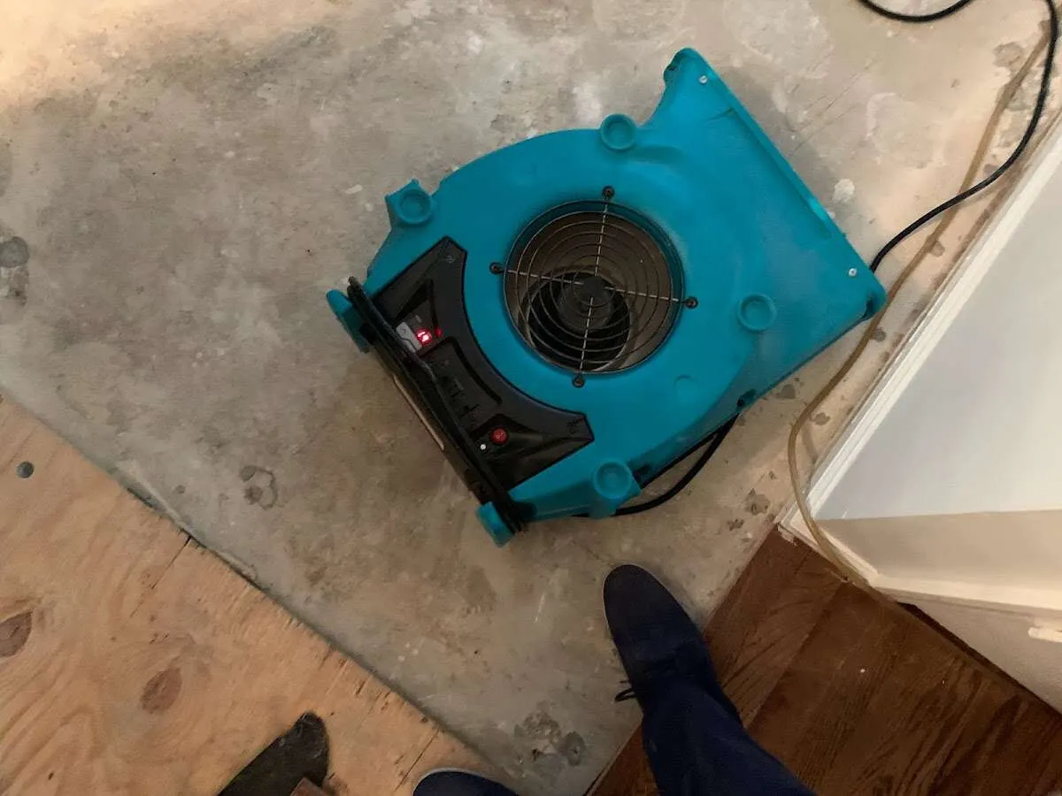 Air mover drying subfloor during Commercial Water Damage Restoration in Beach Park